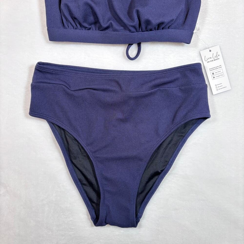NWT Cupshe Navy Blue High Neck Bikini Set w/ Strappy Back & Keyhole Detail Sz XS - Picture 3 of 14